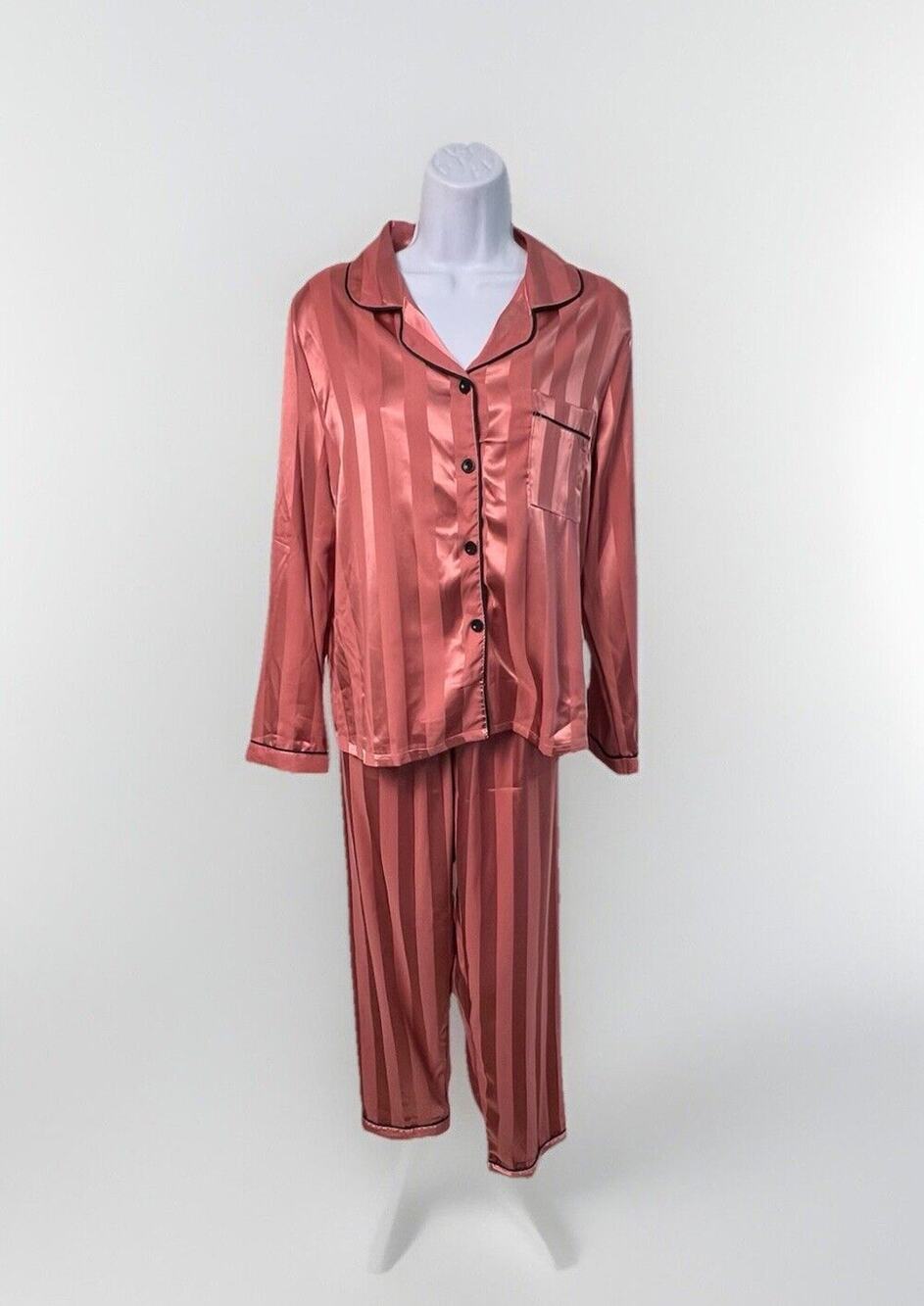 Women's Satin Pajama Set Striped Long Sleeve Button Up Shirt Silky 2 Piece Med